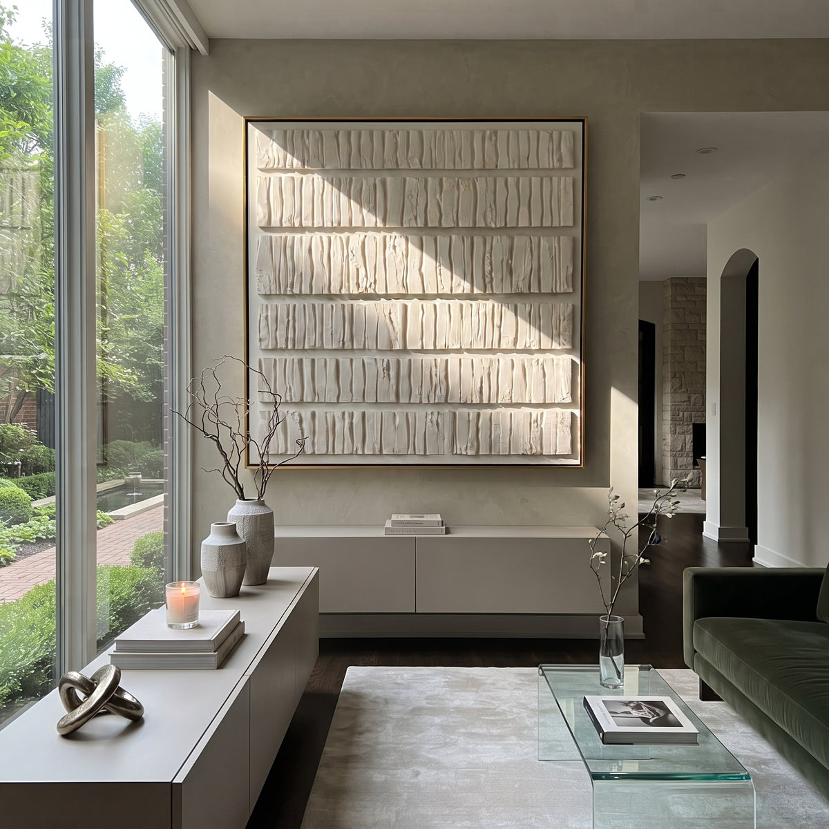 Ivory Ledger Relief textured wall art shown in a contemporary room setting