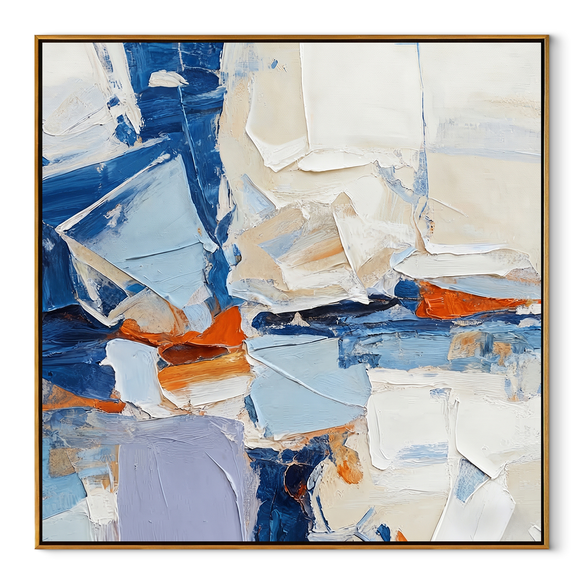 Blue Fragments Reassembled square canvas artwork in a wood frame on a white background