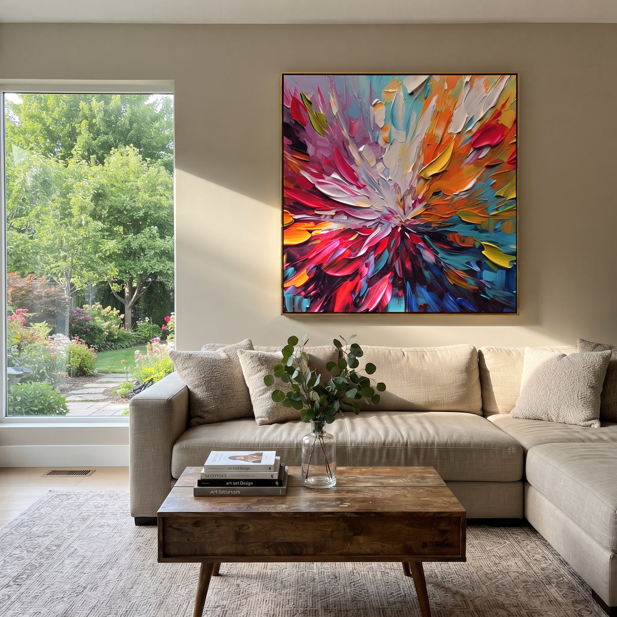 Color Bloom Unfolds colorful floral burst painting displayed in a styled interior
