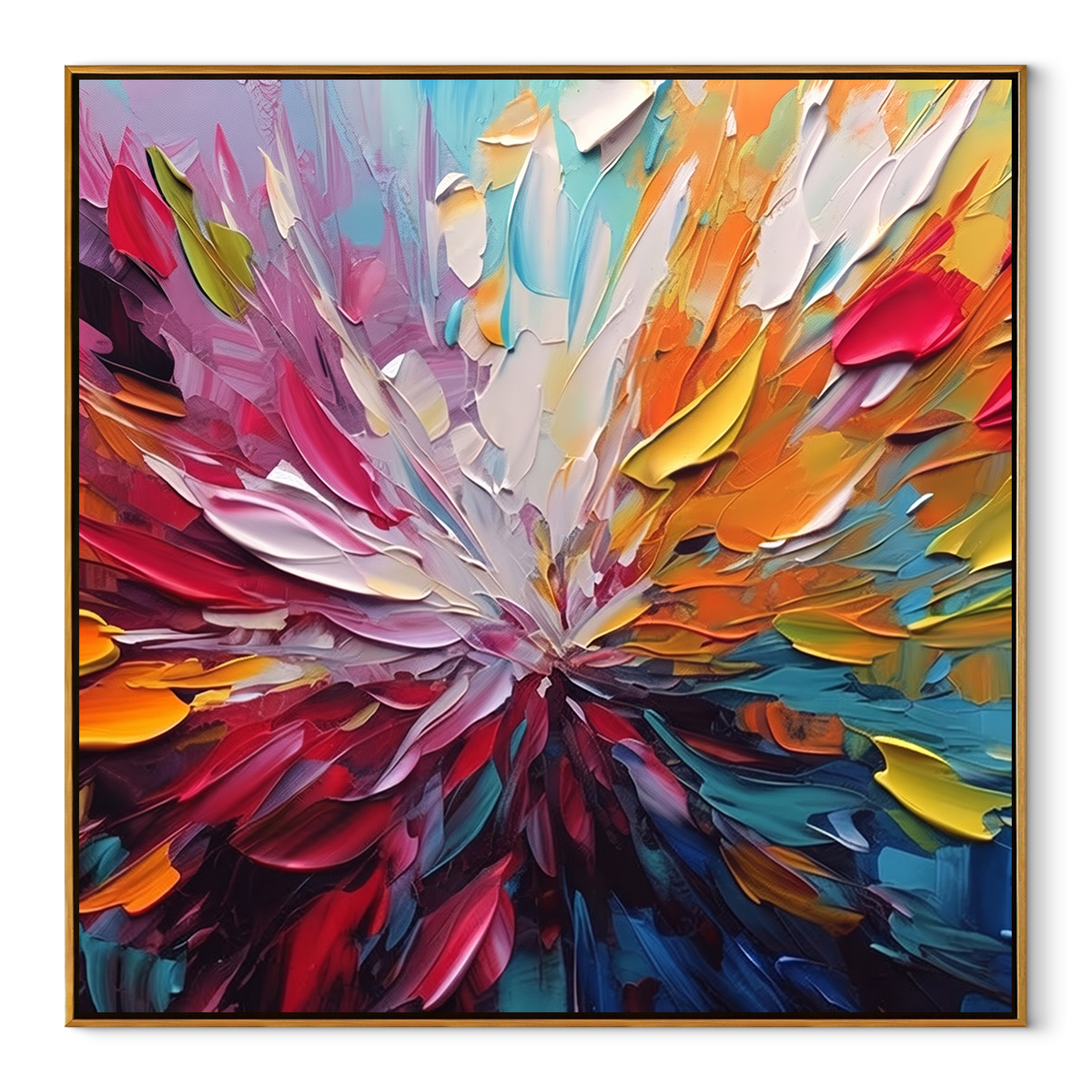 Color Bloom Unfolds square canvas artwork in a wood frame on a white background