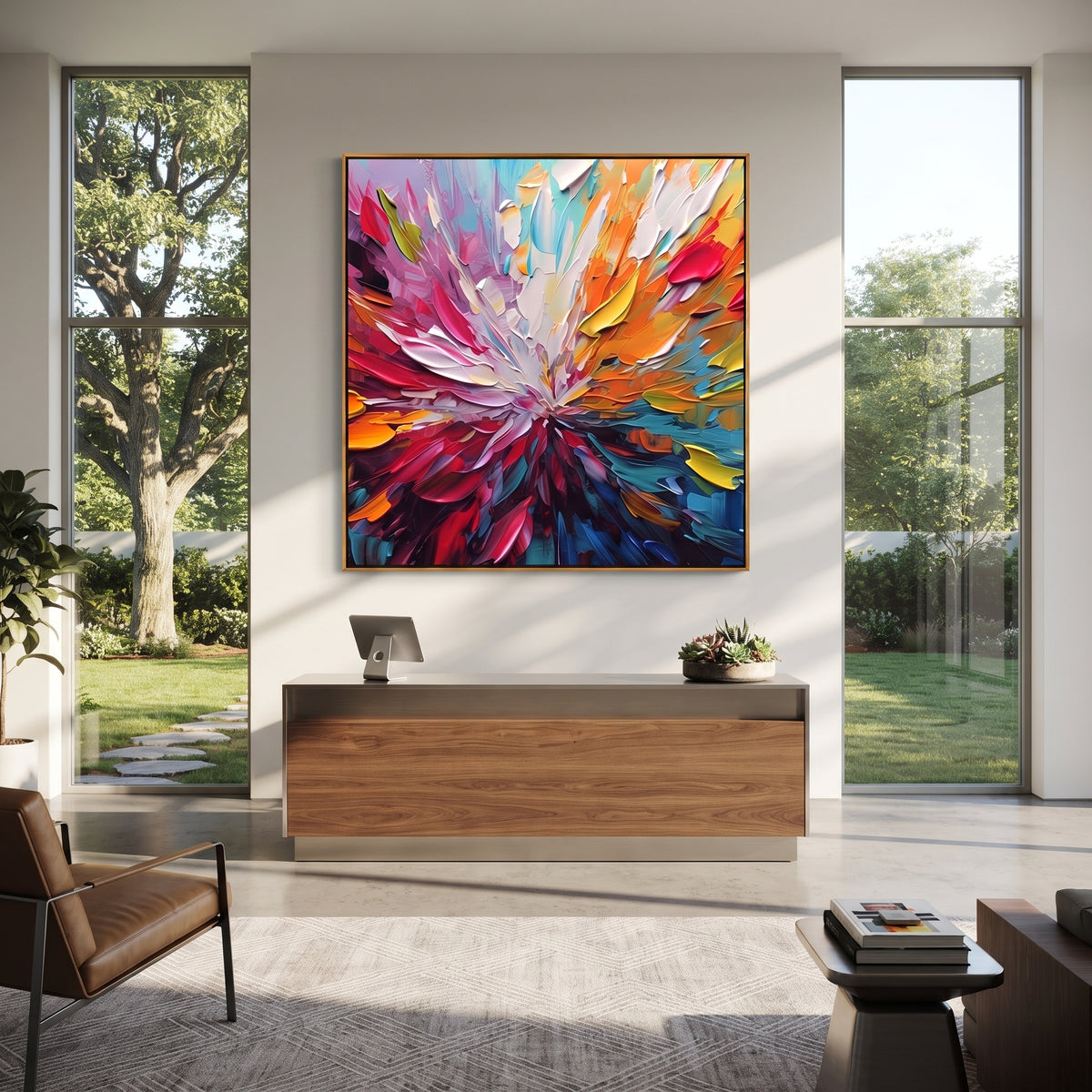 Color Bloom Unfolds textured wall art shown in a contemporary room setting
