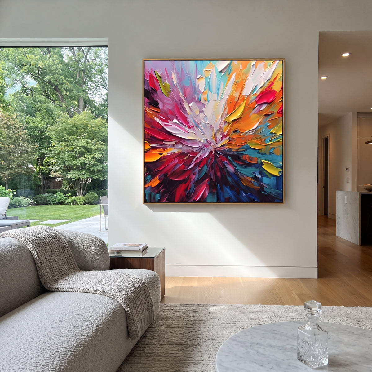 Color Bloom Unfolds artwork shown with modern interior materials