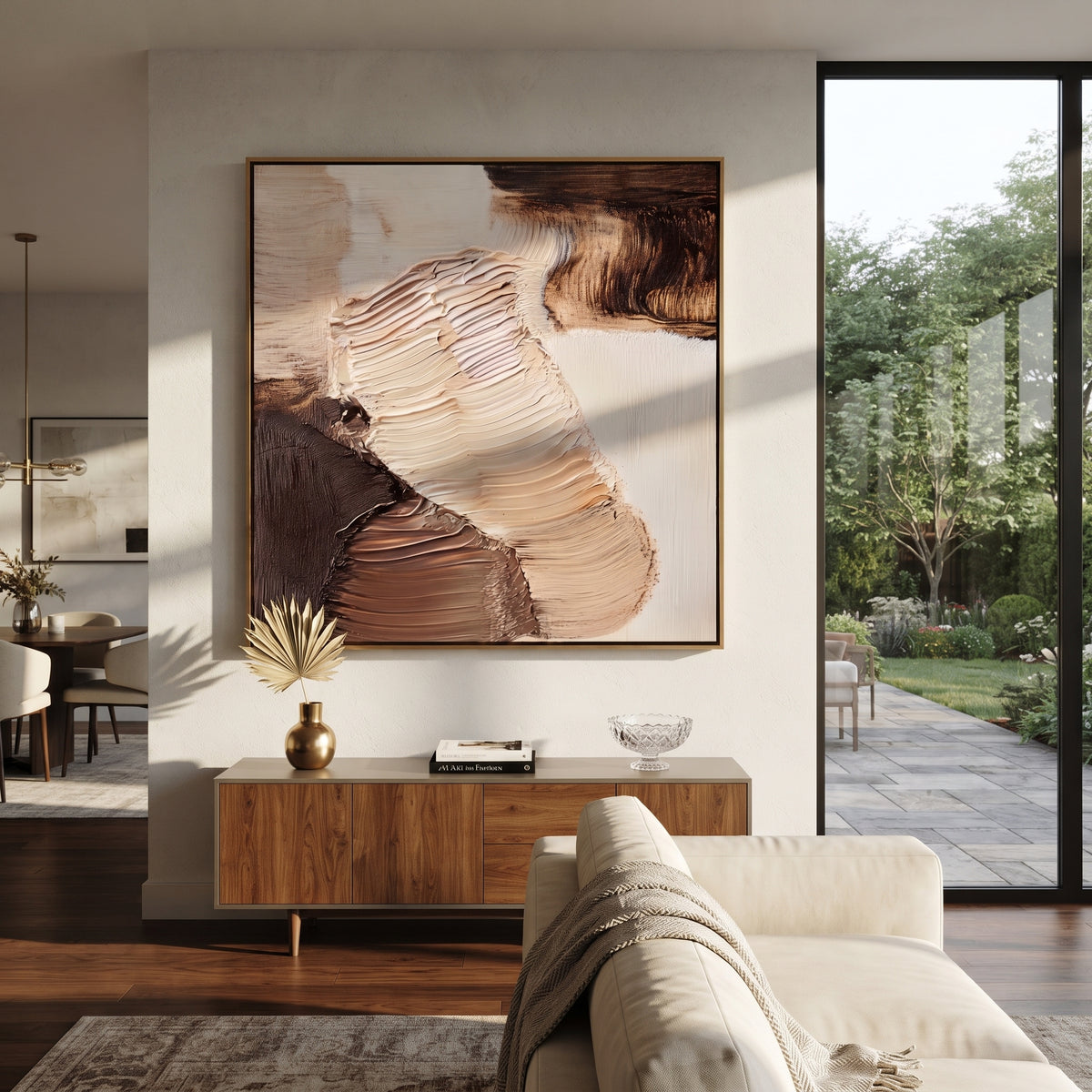 Cocoa Currents Meet brown ivory gestural square painting displayed in a styled interior