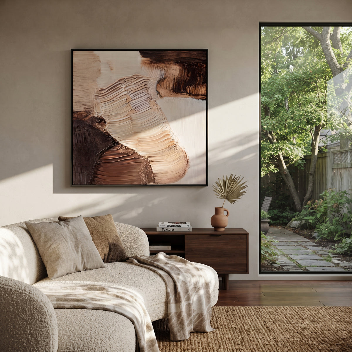 Cocoa Currents Meet textured wall art shown in a contemporary room setting