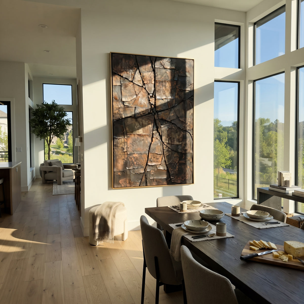 Fractured Bronze Terrain bronze brown geometric texture painting displayed in a styled interior