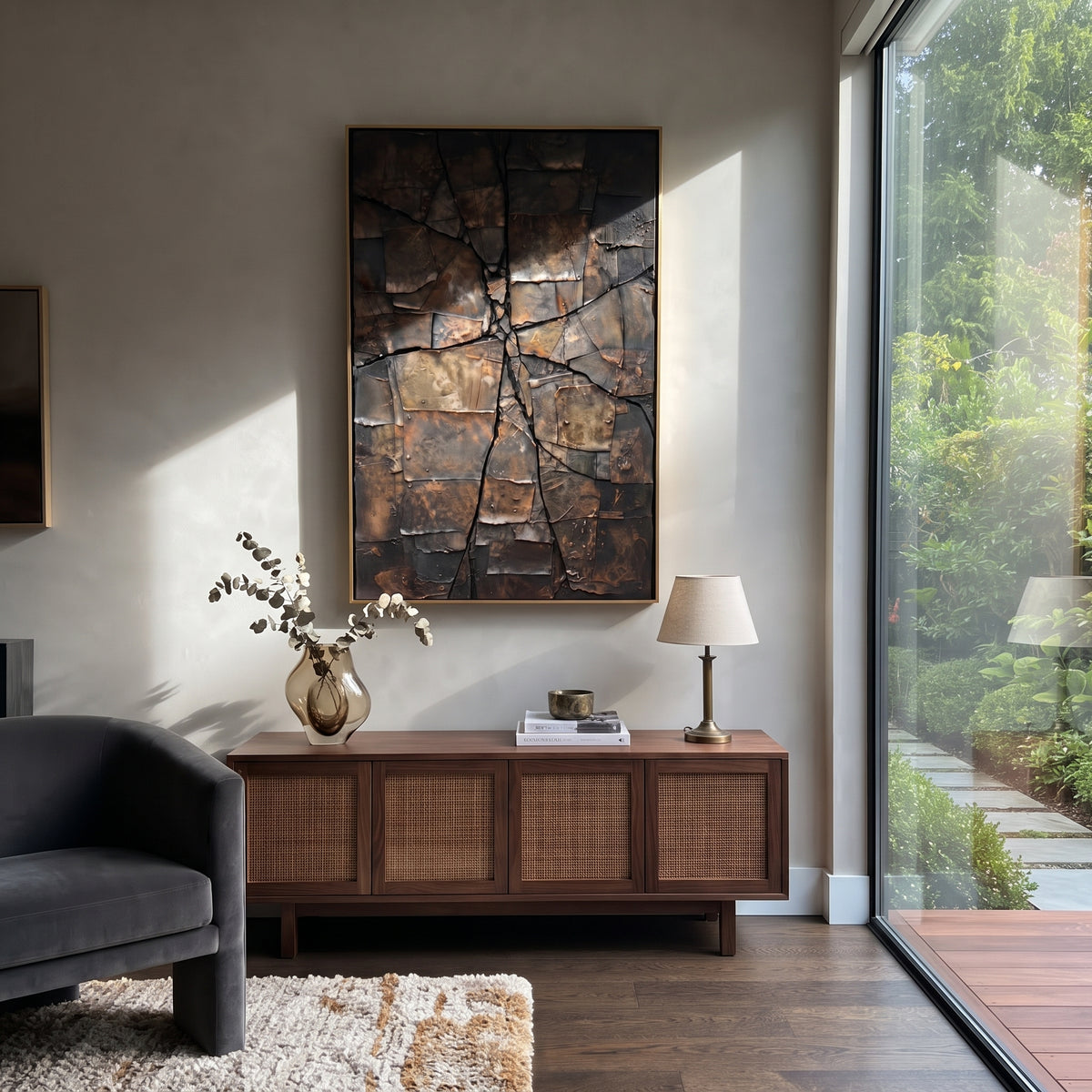 Fractured Bronze Terrain textured wall art shown in a contemporary room setting