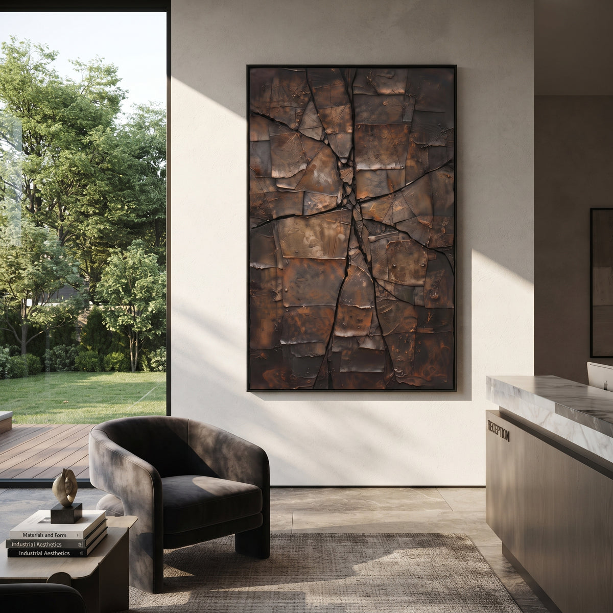 Fractured Bronze Terrain vertical painting displayed as a room focal point