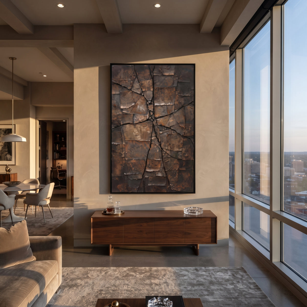 Fractured Bronze Terrain artwork shown with modern interior materials