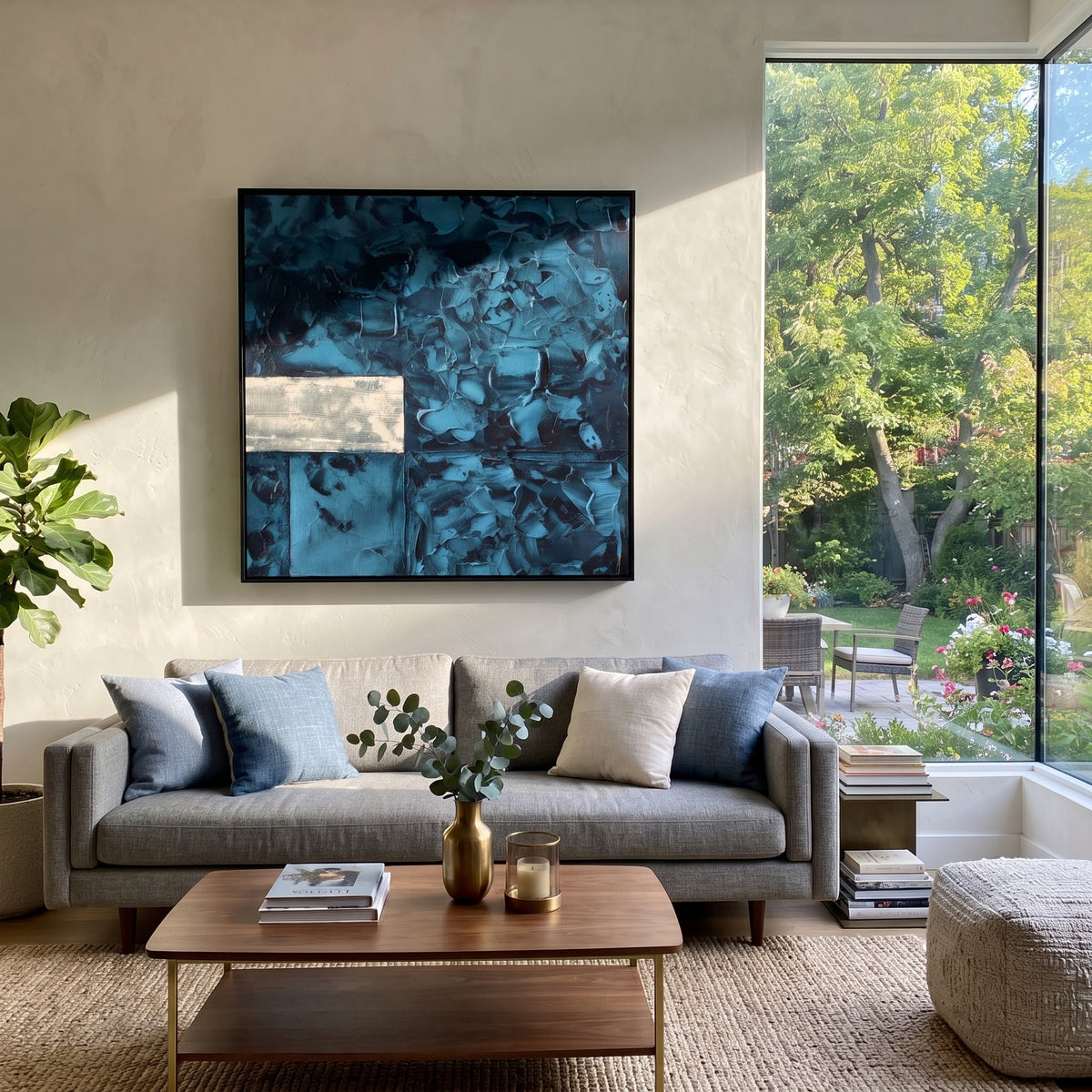Teal Chambers Hold Silver textured wall art shown in a contemporary room setting