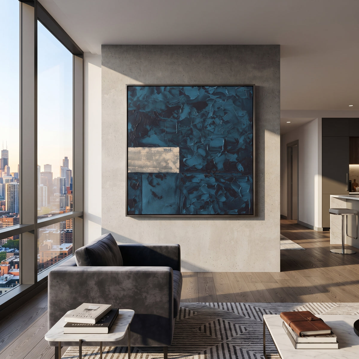 Teal Chambers Hold Silver square painting displayed as a room focal point