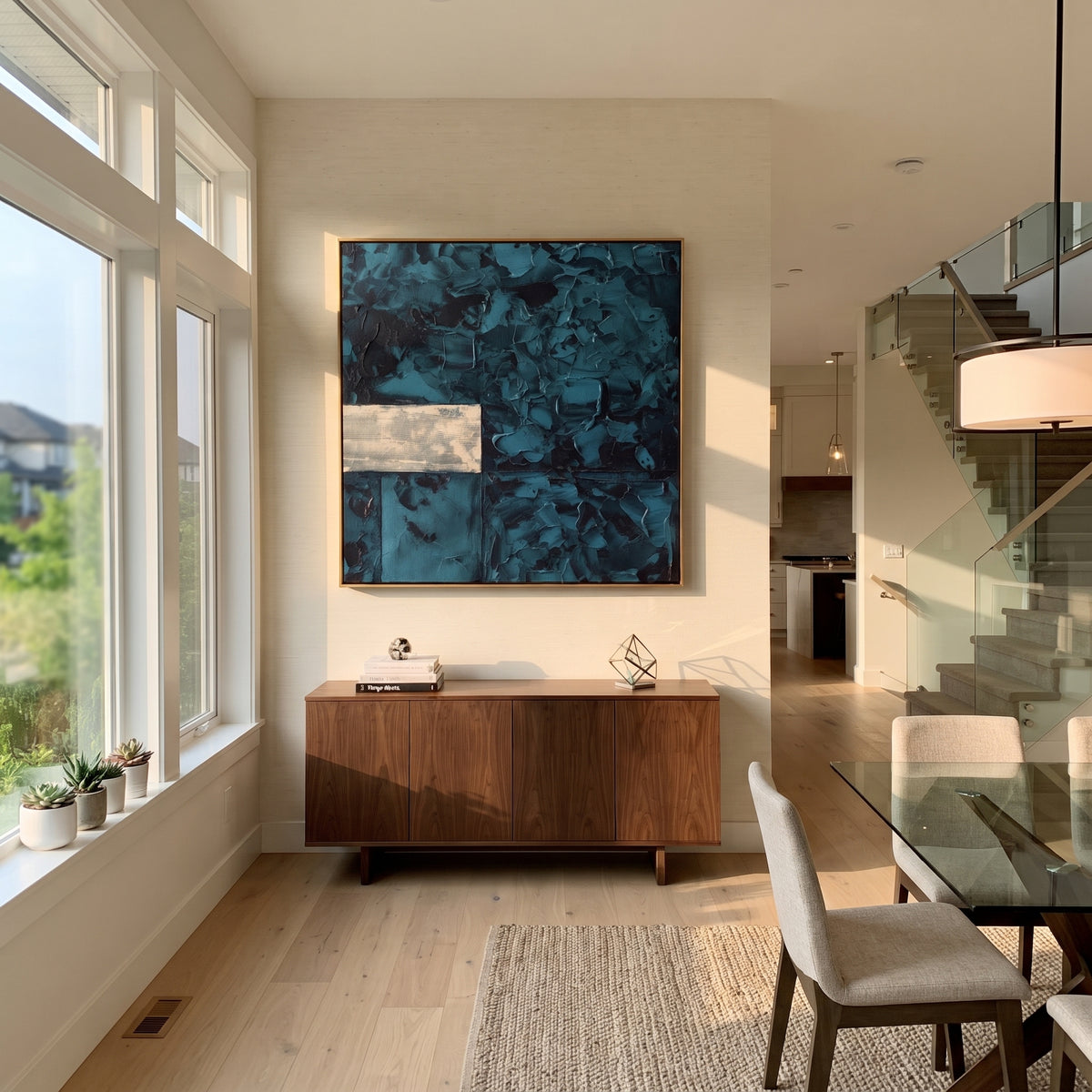 Teal Chambers Hold Silver artwork shown with modern interior materials