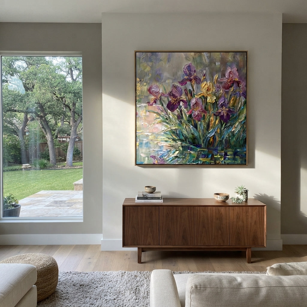 Iris Garden Reflected purple iris square painting displayed in a styled interior