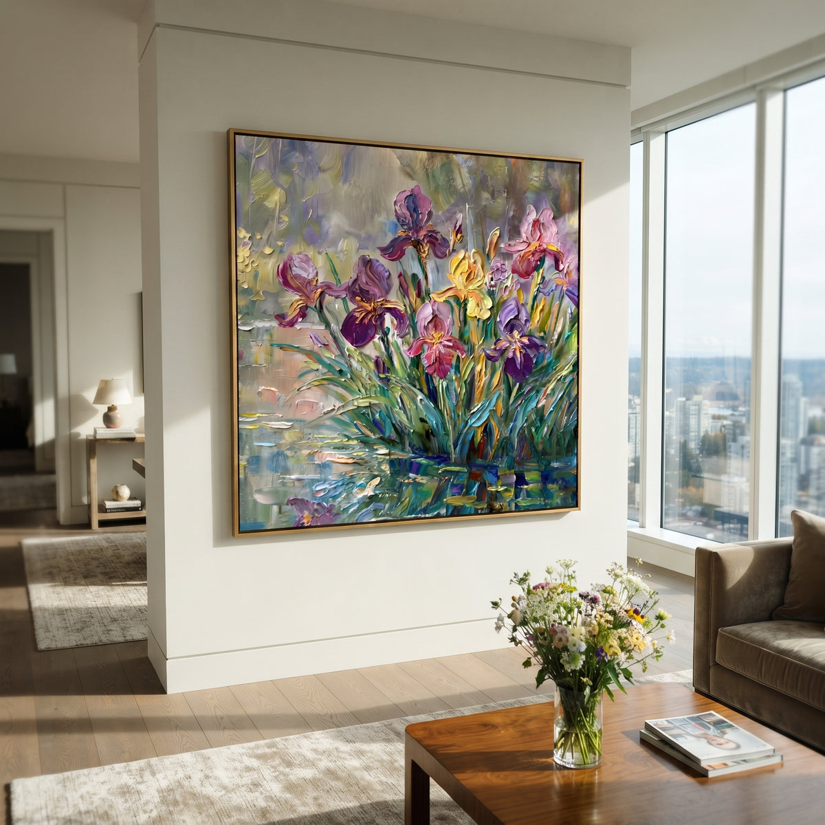 Iris Garden Reflected textured wall art shown in a contemporary room setting