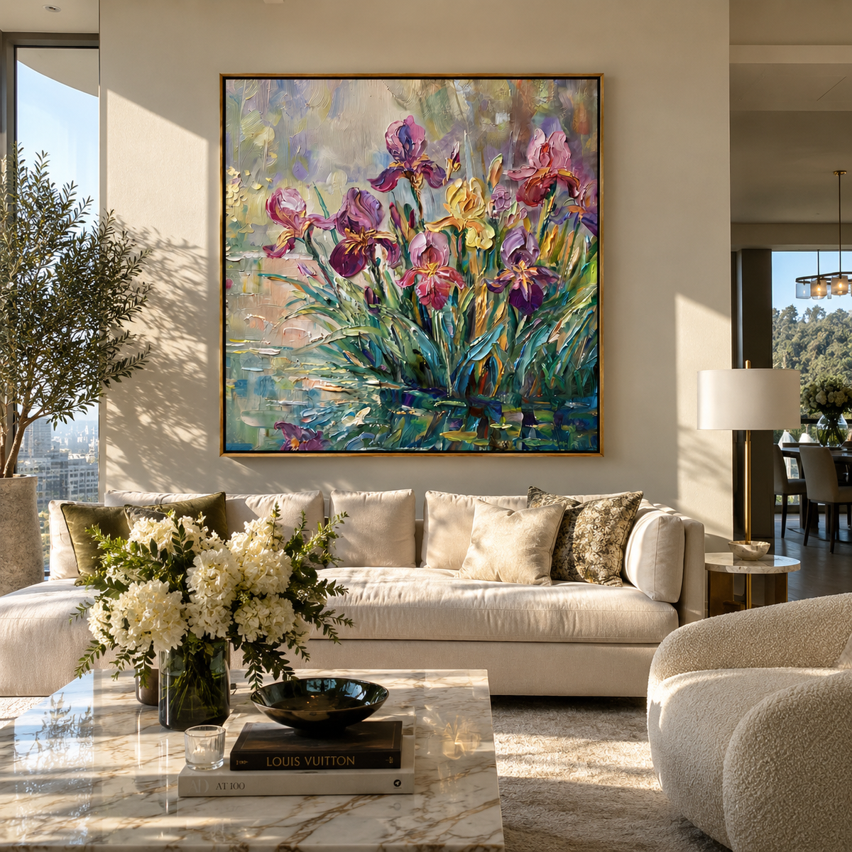 Iris Garden Reflected square painting displayed as a room focal point