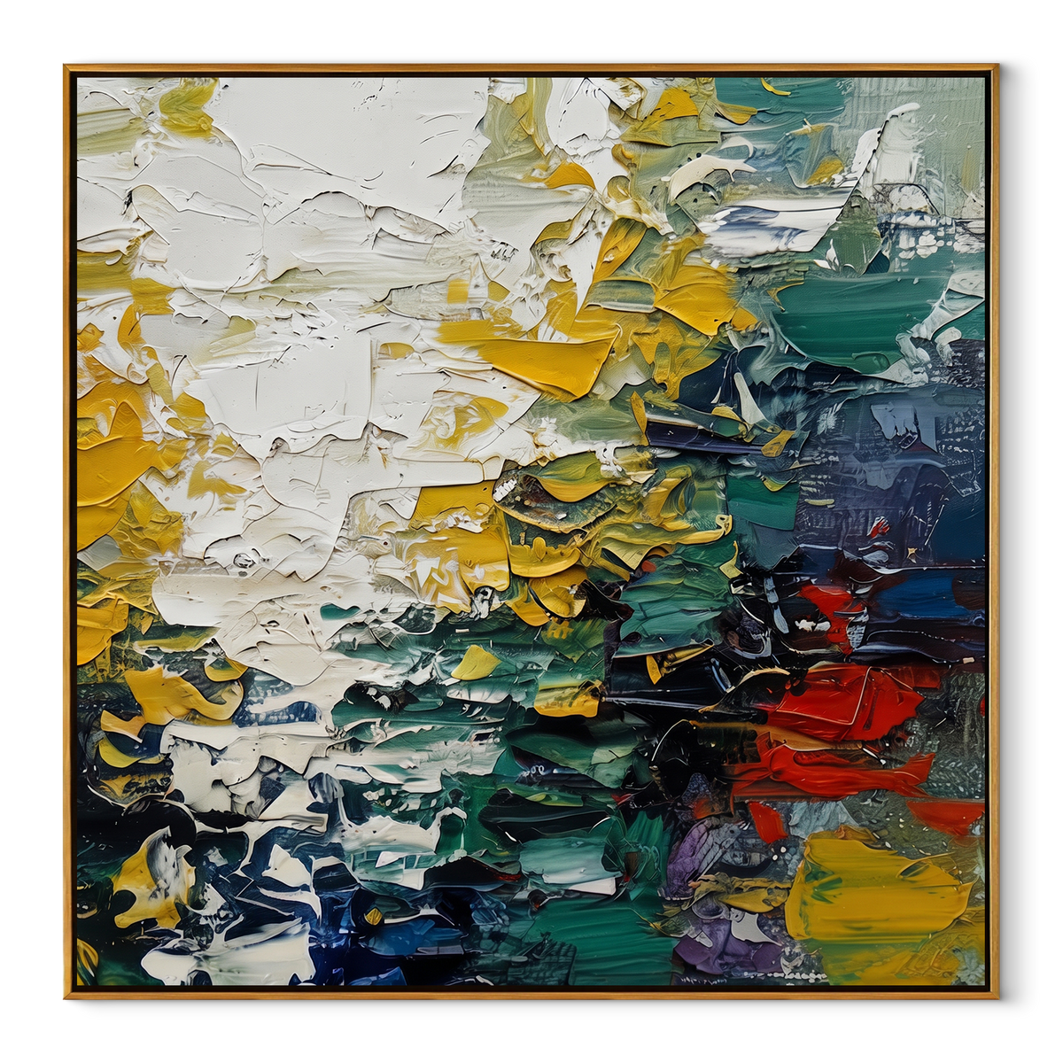 Color Fields Collide square canvas artwork in a wood frame on a white background
