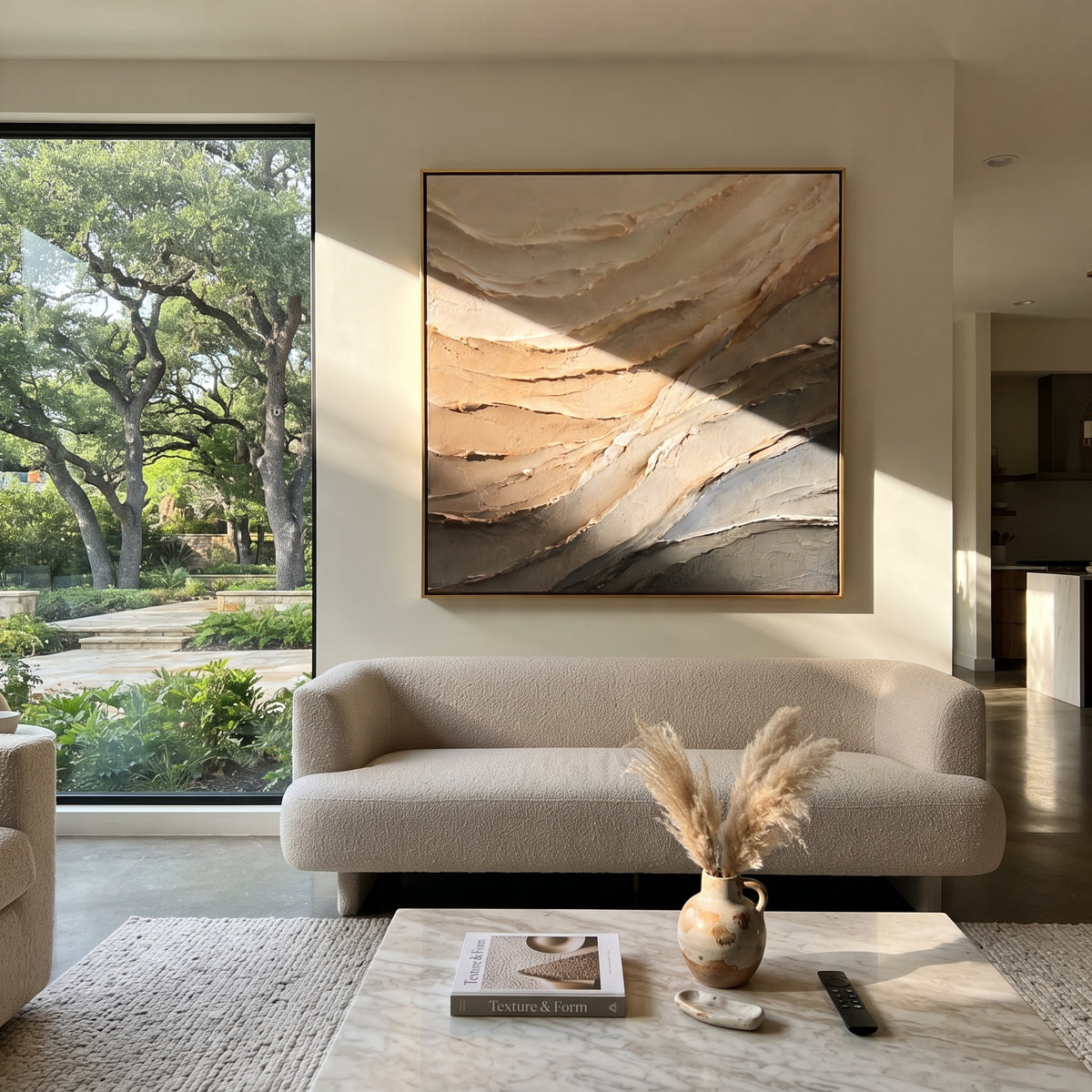 Sandstone Tides Turn beige grey layered square relief displayed in a styled interior