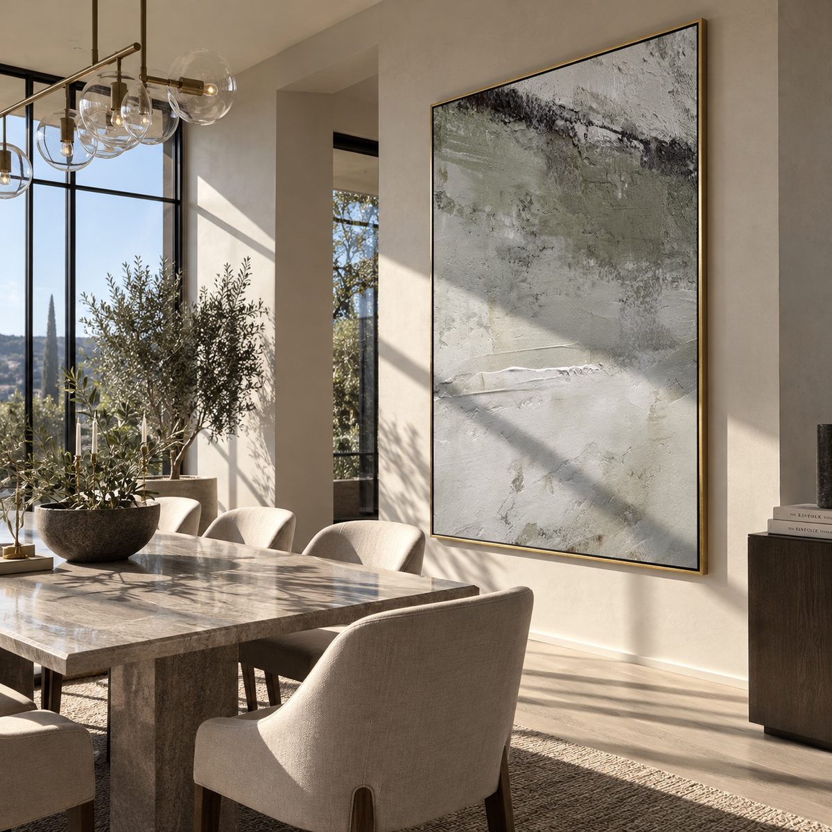 Slate Onyx Verdant Currents Distance - textured abstract painting displayed in a styled interior