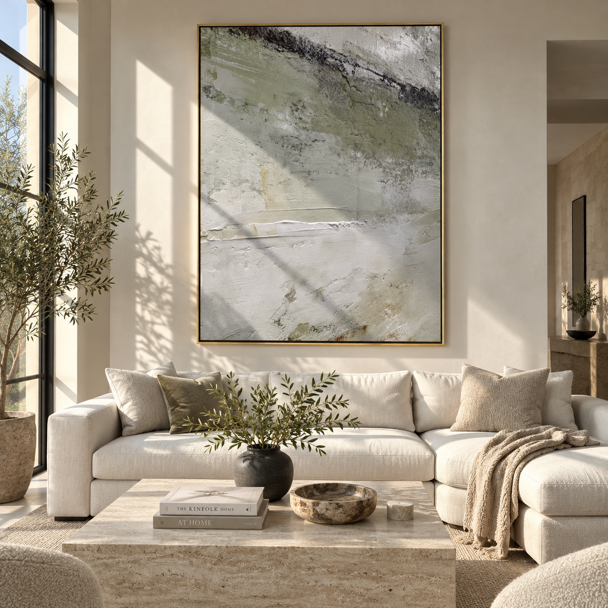 Slate Onyx Verdant Currents Distance - textured abstract painting shown in modern room setting 2