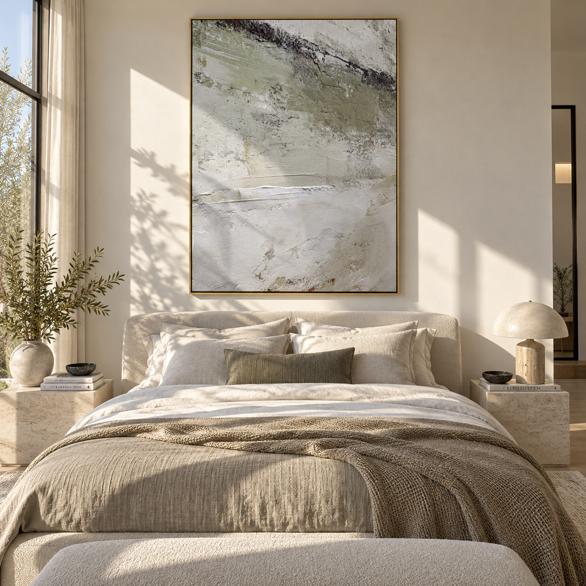 Slate Onyx Verdant Currents Distance - textured abstract painting shown in modern room setting 4