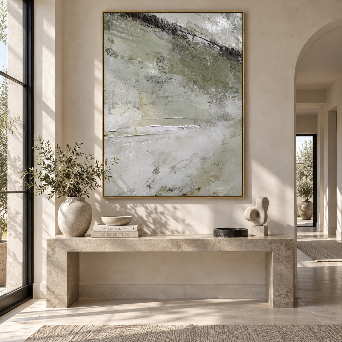 Slate Onyx Verdant Currents Distance - textured abstract painting shown in modern room setting 5