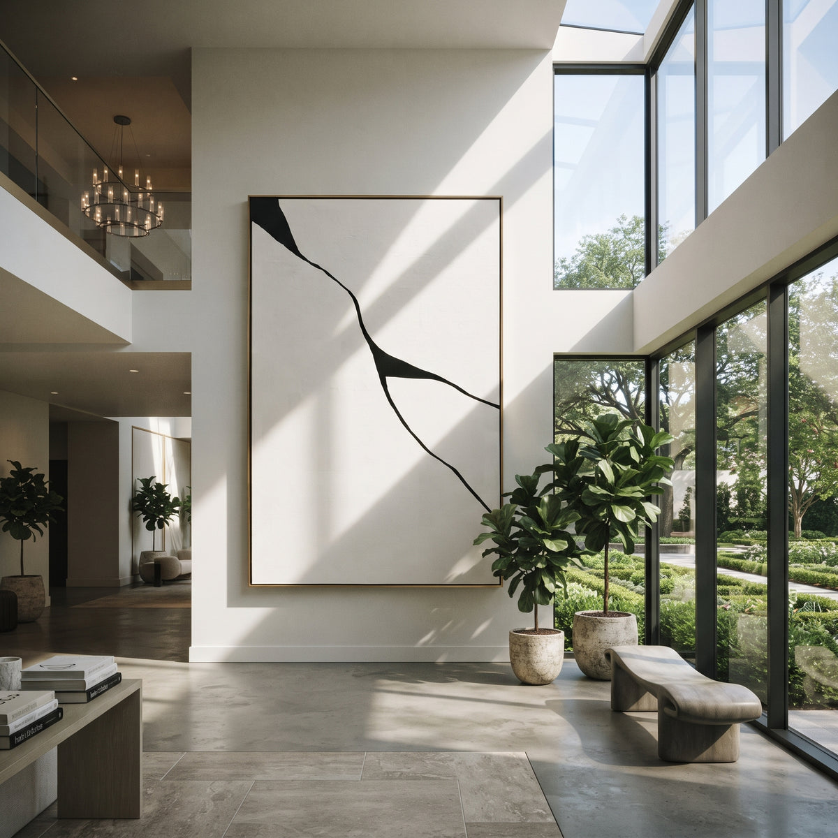 Ivory Onyx Slate Drift Quiet - textured abstract painting displayed in a styled interior