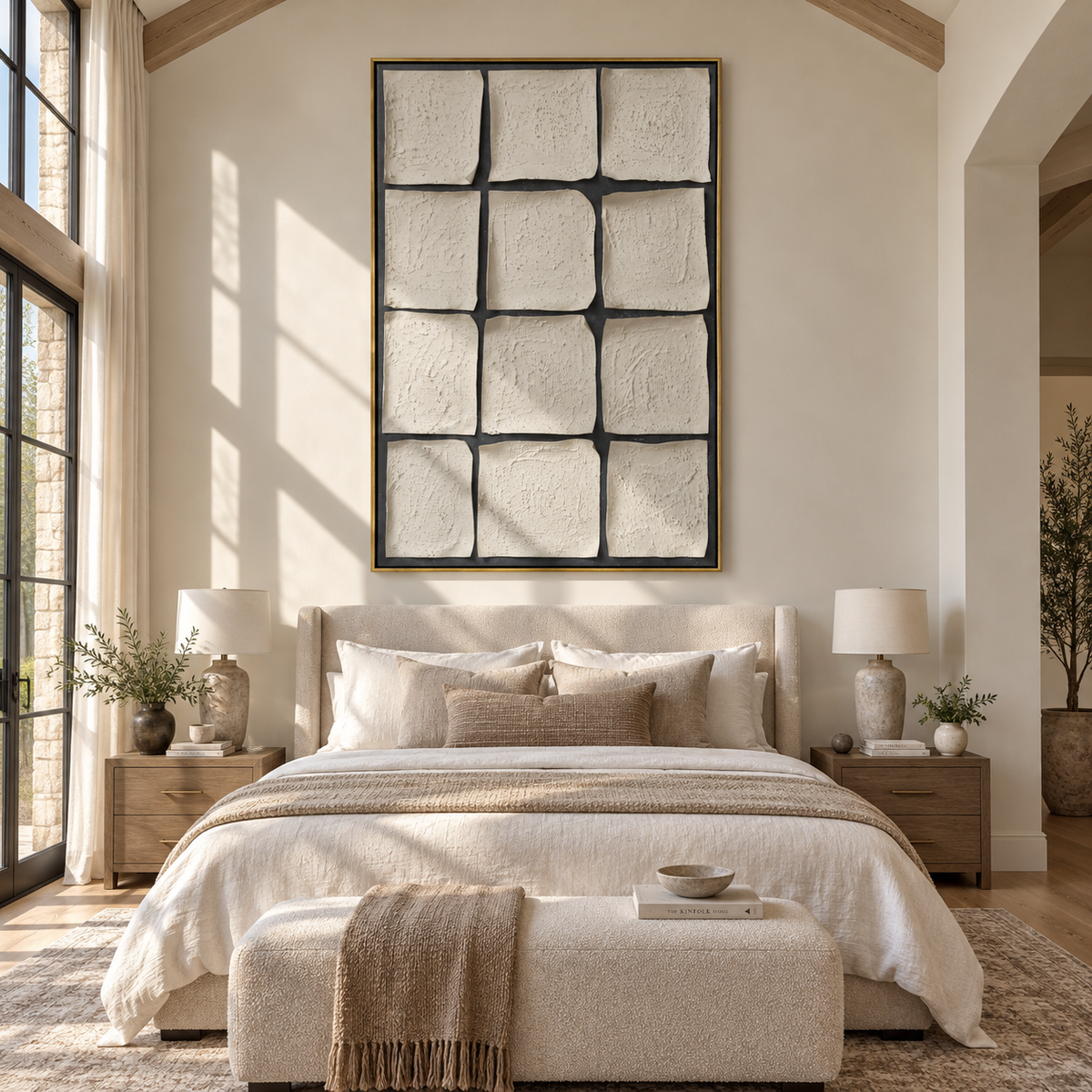 Slate Onyx Linen Echo Depth - textured abstract painting displayed in a styled interior