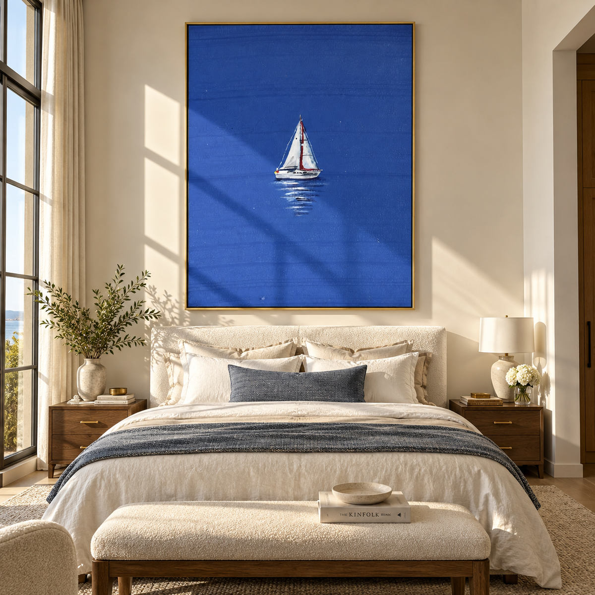 Azure Onyx Sails Rhythm Silence - textured sailboat painting displayed in a styled interior