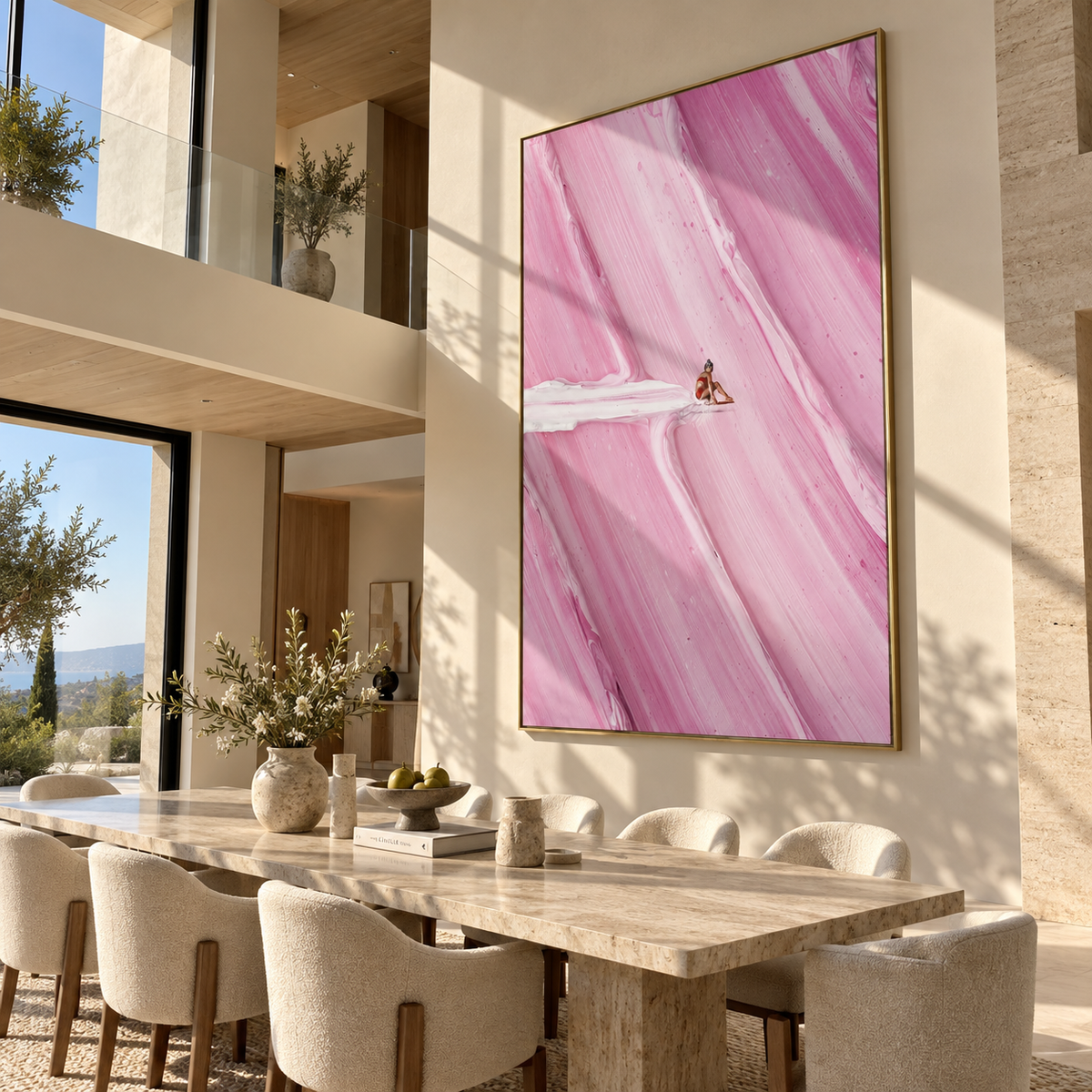 Blush Linen Swimmers Terraces Resonance - textured swimmer painting displayed in a styled interior