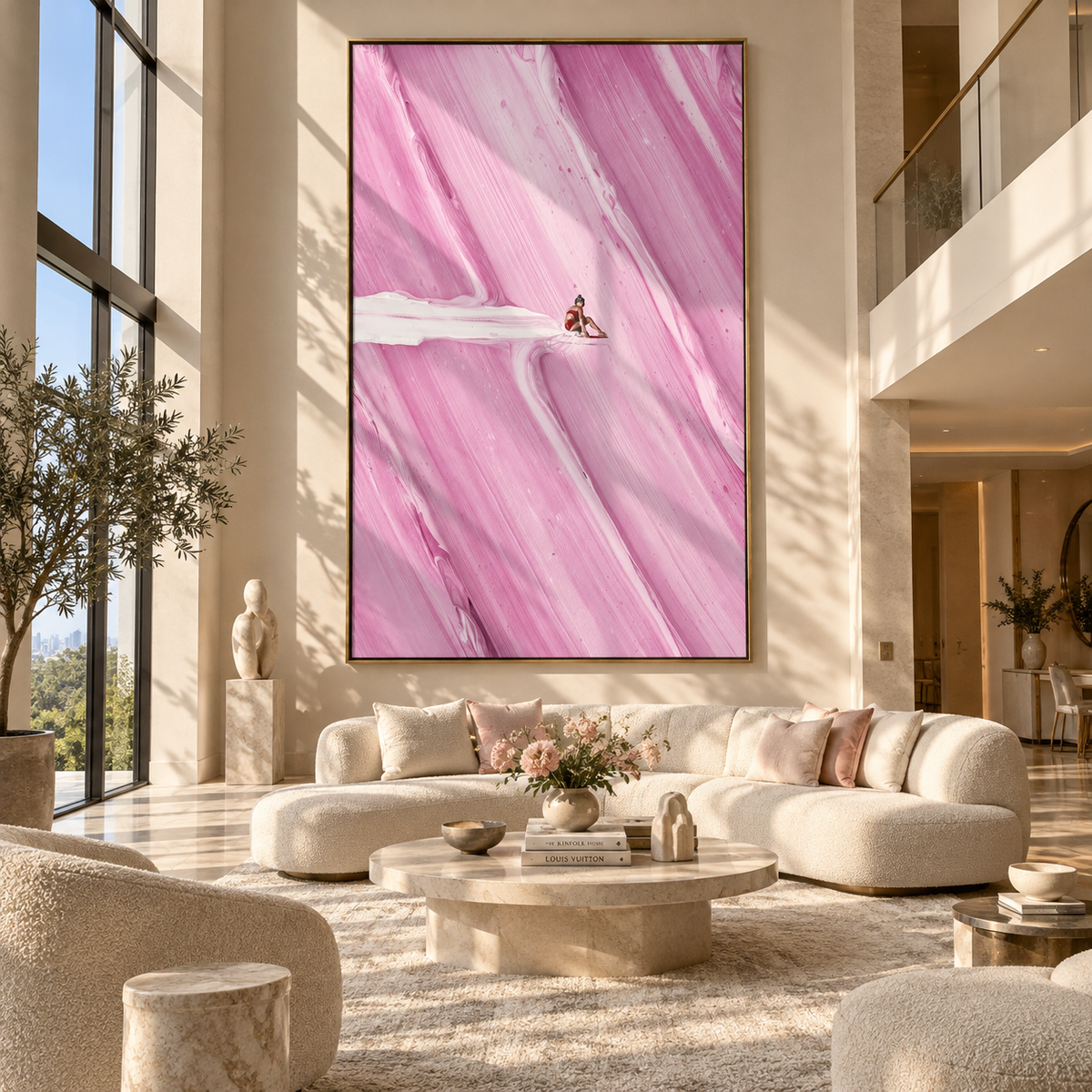 Blush Linen Swimmers Terraces Resonance - textured swimmer painting shown in modern room setting 2