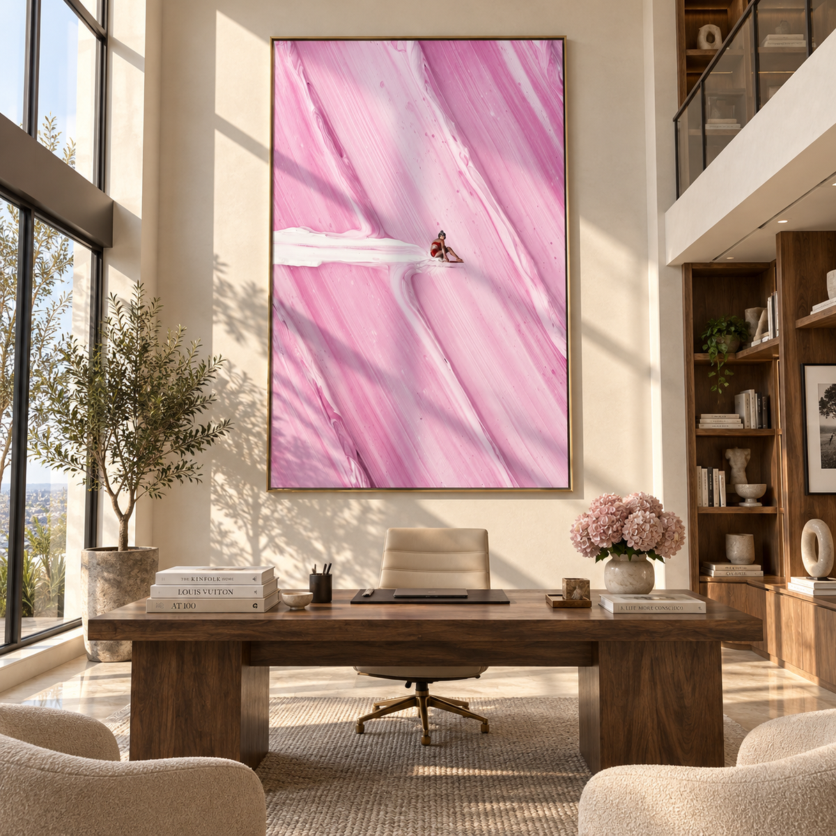Blush Linen Swimmers Terraces Resonance - textured swimmer painting shown in modern room setting 3