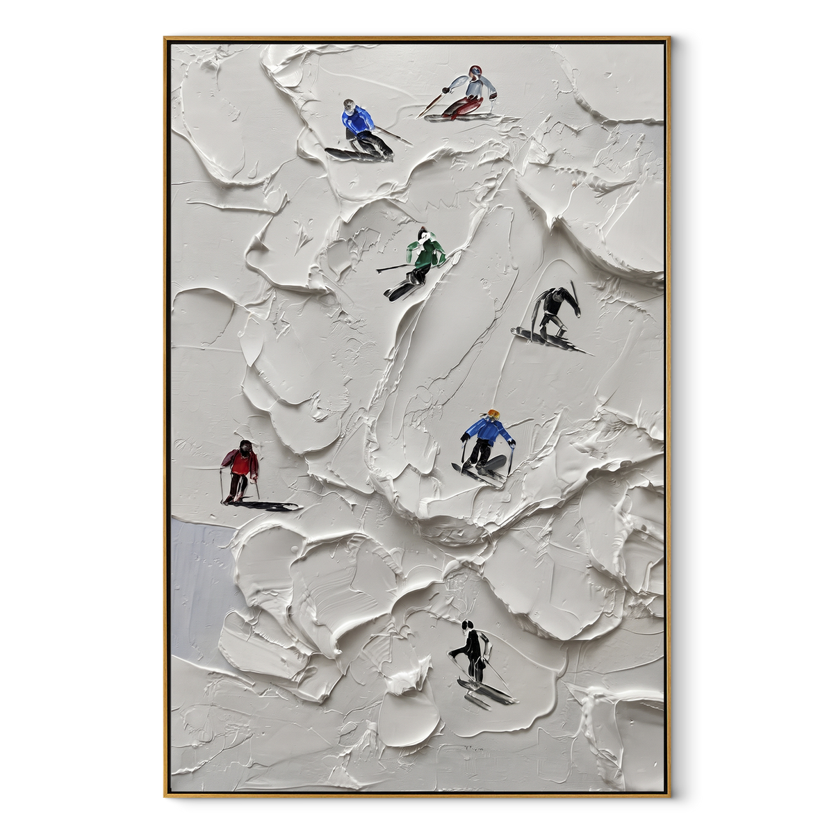 Slate Onyx Skiers Fragments Stillness - textured skiing painting in a wood frame on white