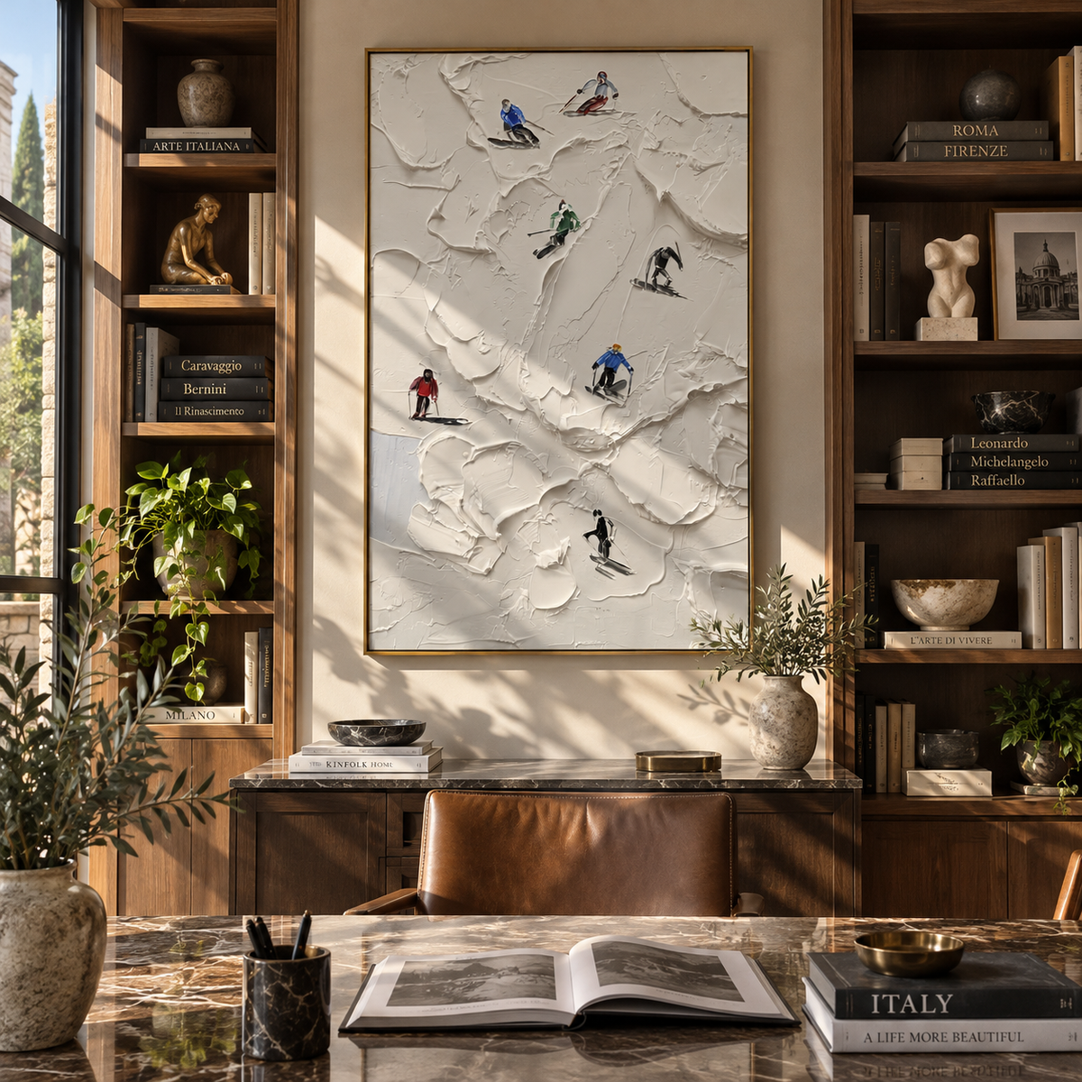 Slate Onyx Skiers Fragments Stillness - textured skiing painting shown in modern room setting 4