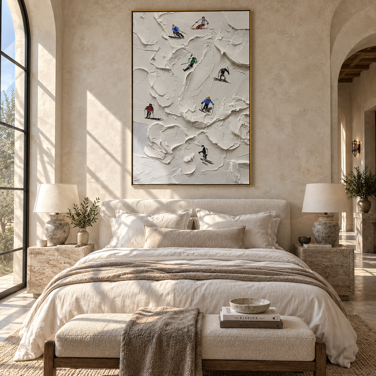 Slate Onyx Skiers Fragments Stillness - textured skiing painting shown in modern room setting 5