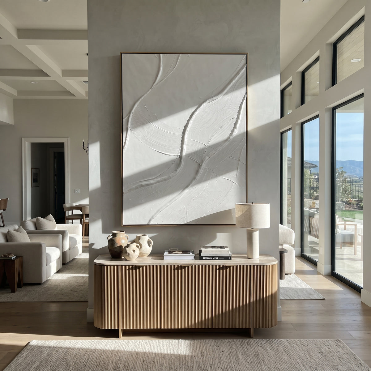 Slate Onyx Linen Field Air - textured abstract painting displayed in a styled interior