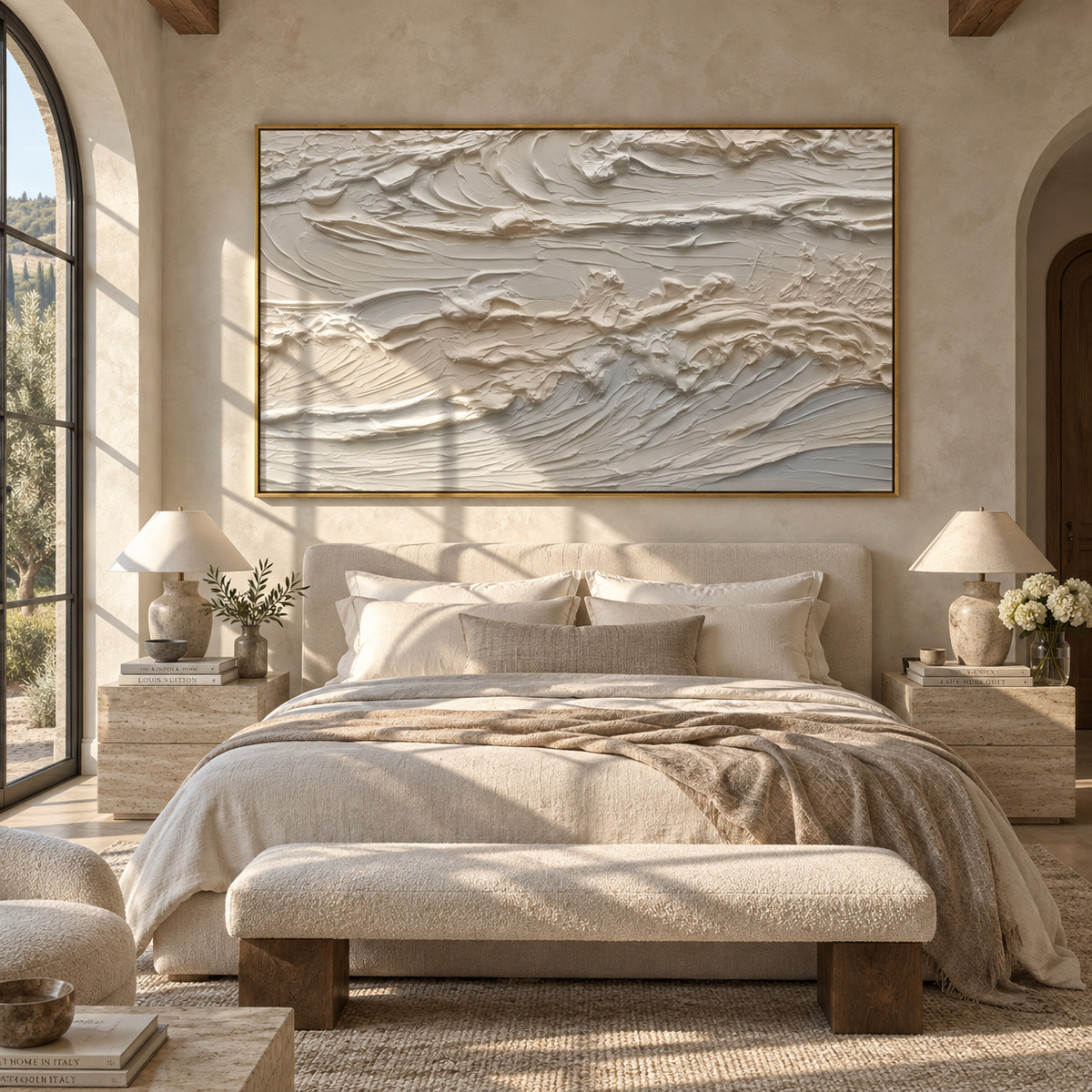 Slate Onyx Horizon Passage Rain - textured landscape painting displayed in a styled interior