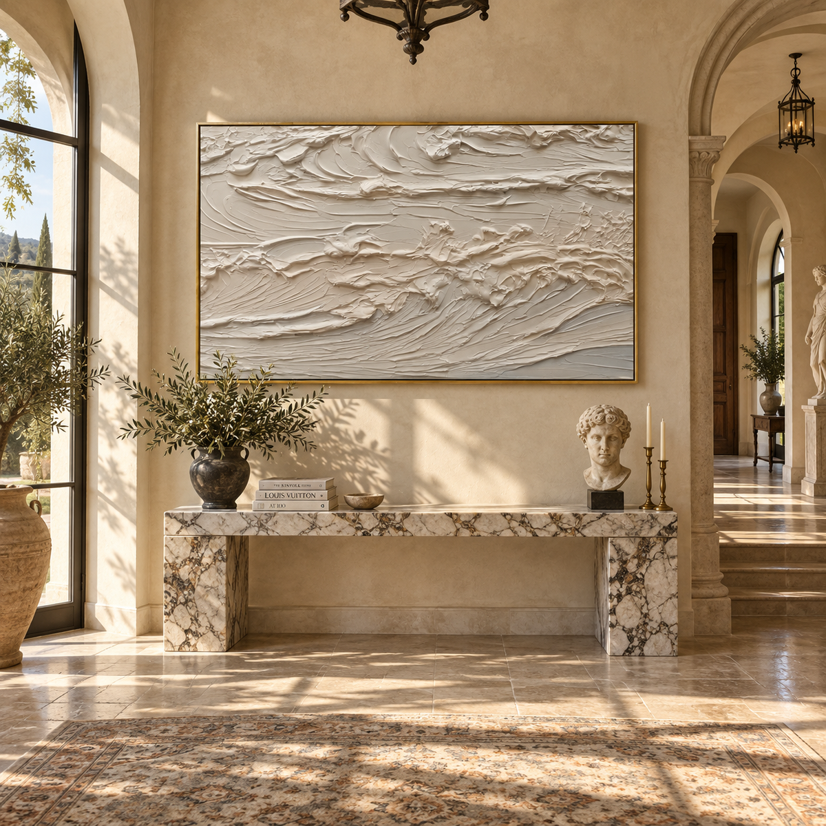 Slate Onyx Horizon Passage Rain - textured landscape painting shown in modern room setting 2