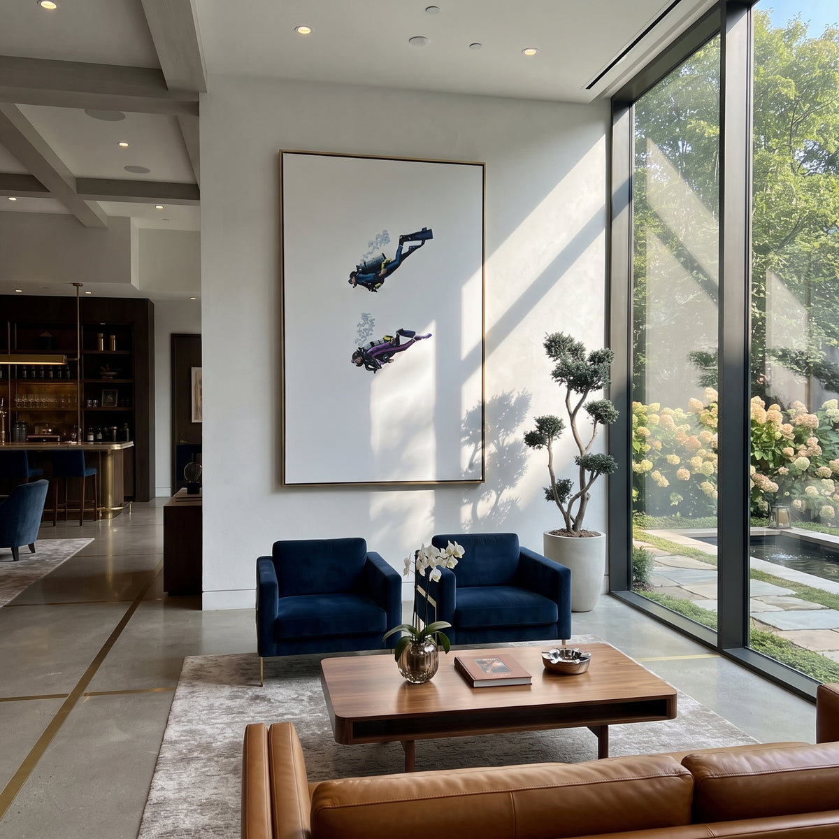 Ivory Onyx Skyfall Tides Cadence - textured skydiving painting displayed in a styled interior