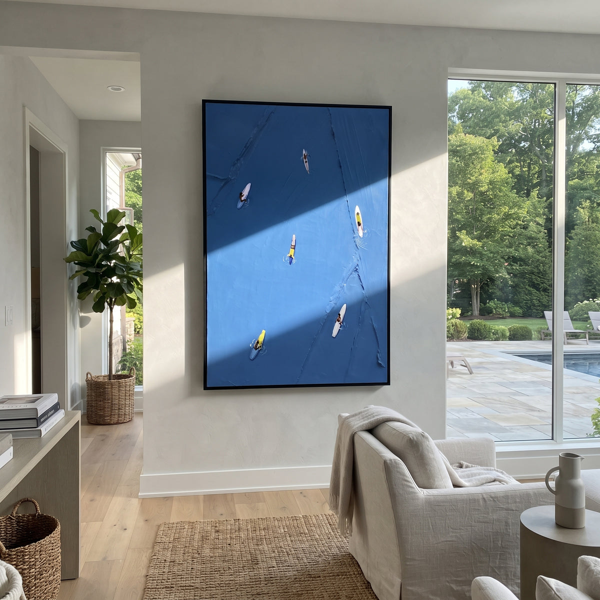 Azure Onyx Skiers Layers Interval - textured skiing painting displayed in a styled interior