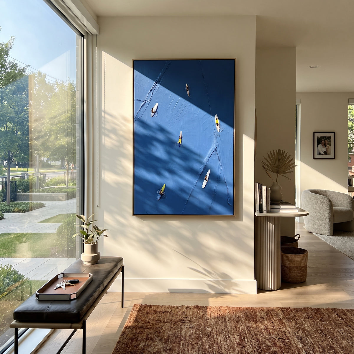 Azure Onyx Skiers Layers Interval - textured skiing painting shown in modern room setting 2