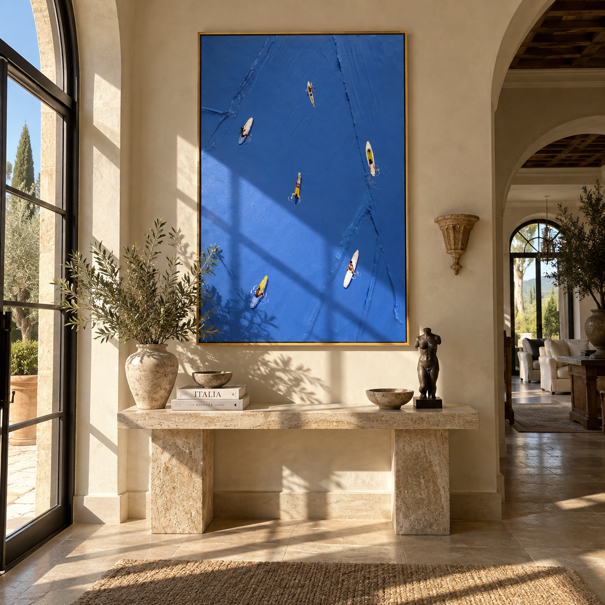 Azure Onyx Skiers Layers Interval - textured skiing painting shown in modern room setting 5