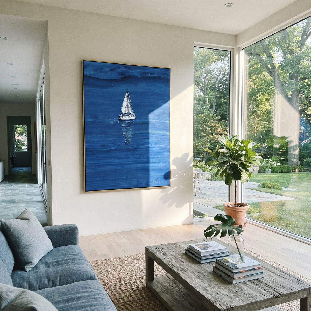 Azure Onyx Sails Intervals Light - textured sailboat painting displayed in a styled interior