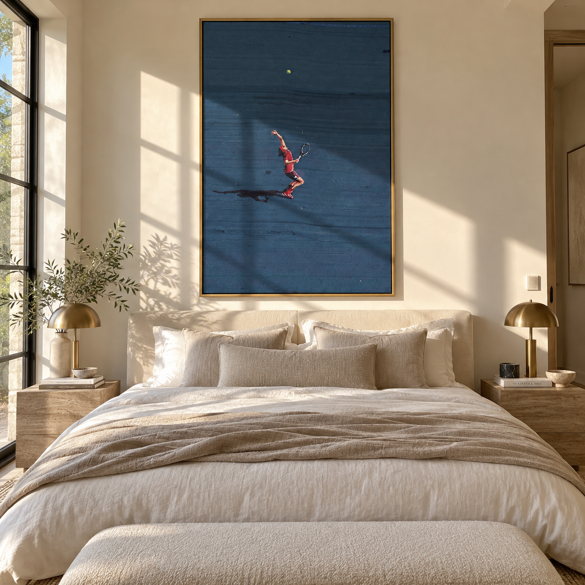 Azure Onyx Court Drift Tension - textured tennis painting shown in modern room setting 4