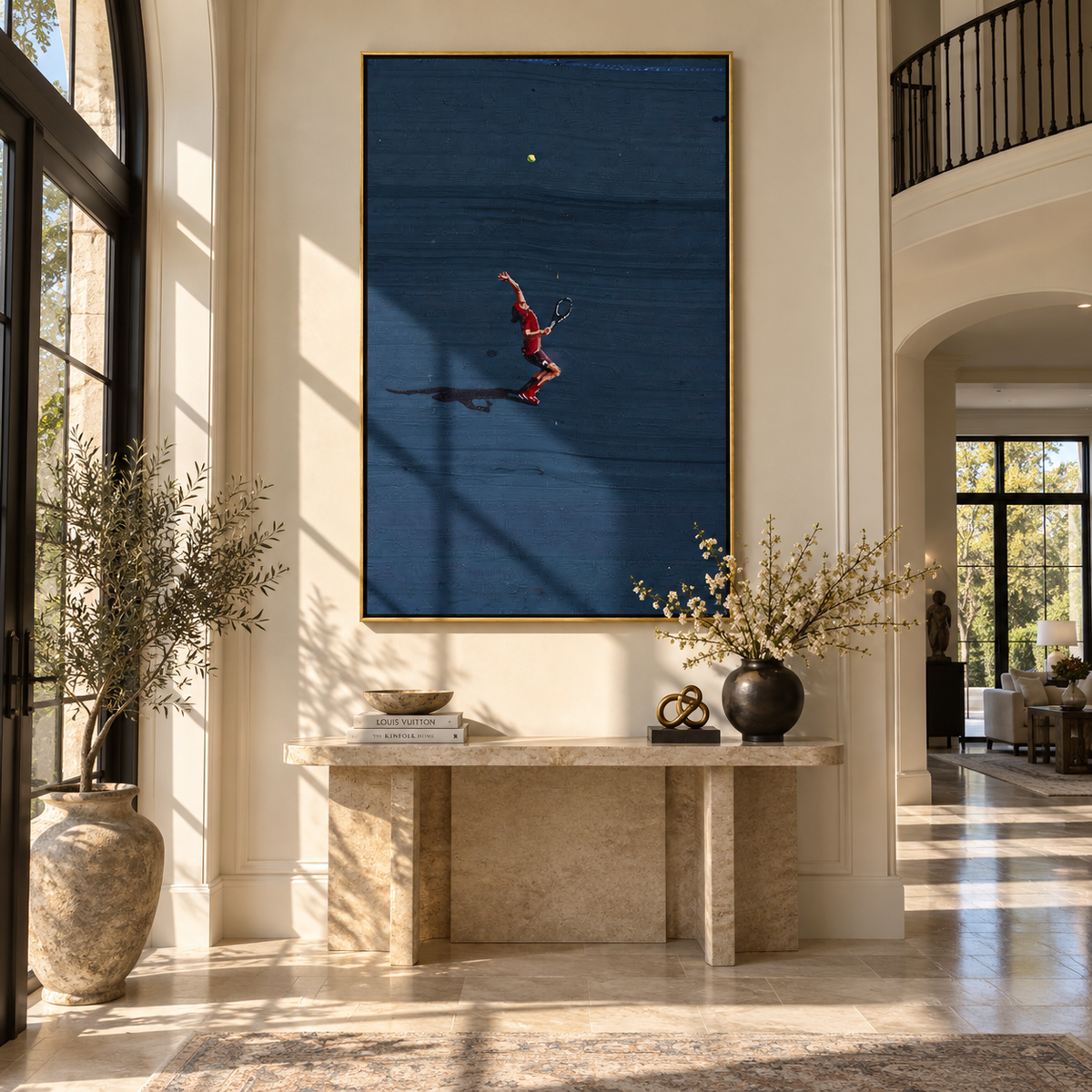 Azure Onyx Court Drift Tension - textured tennis painting shown in modern room setting 5