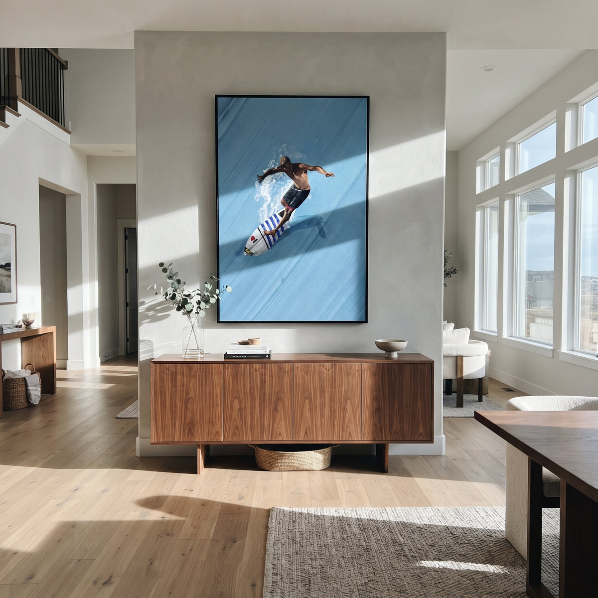 Azure Onyx Swimmers Crossing Quiet - textured swimmer painting shown in modern room setting 2