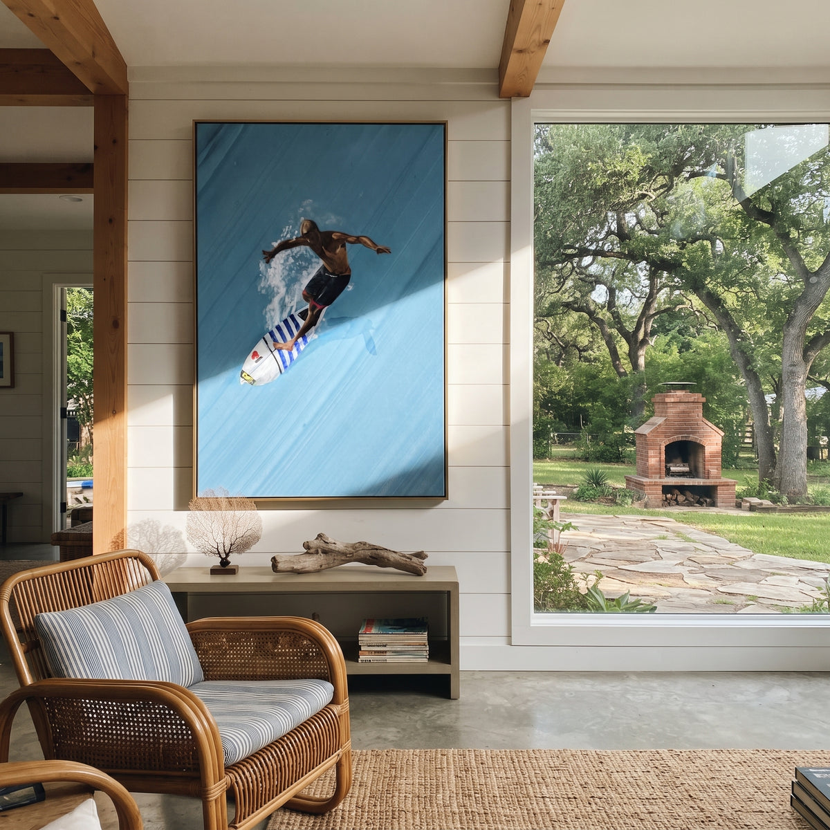 Azure Onyx Swimmers Crossing Quiet - textured swimmer painting shown in modern room setting 3