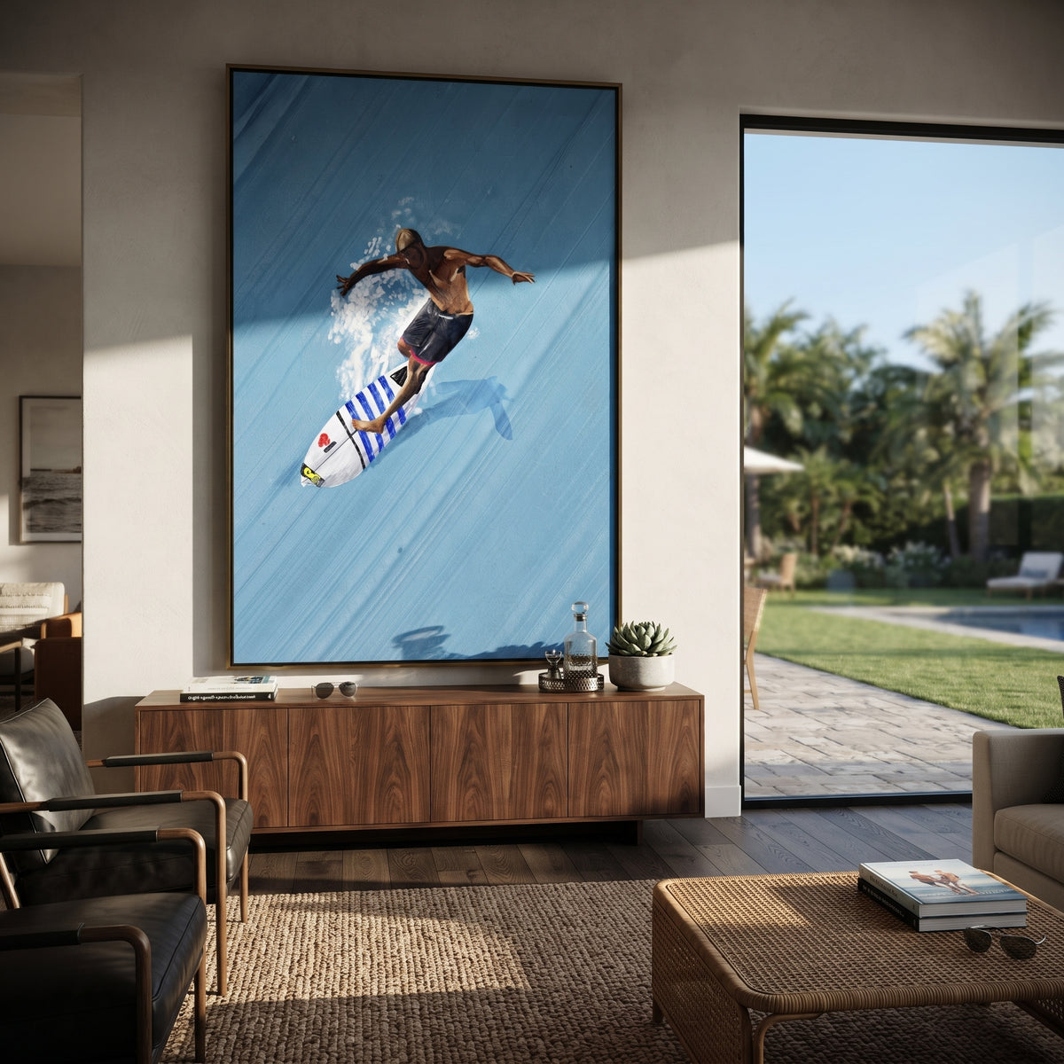 Azure Onyx Swimmers Crossing Quiet - textured swimmer painting shown in modern room setting 5