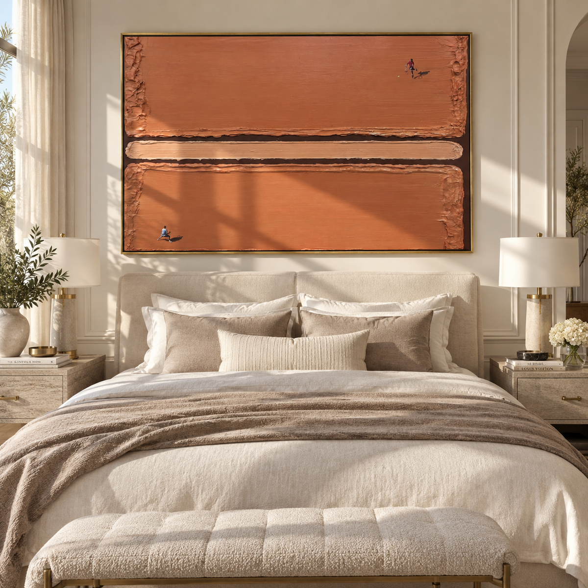 Amber Onyx Court Rhythm Motion - textured tennis painting displayed in a styled interior