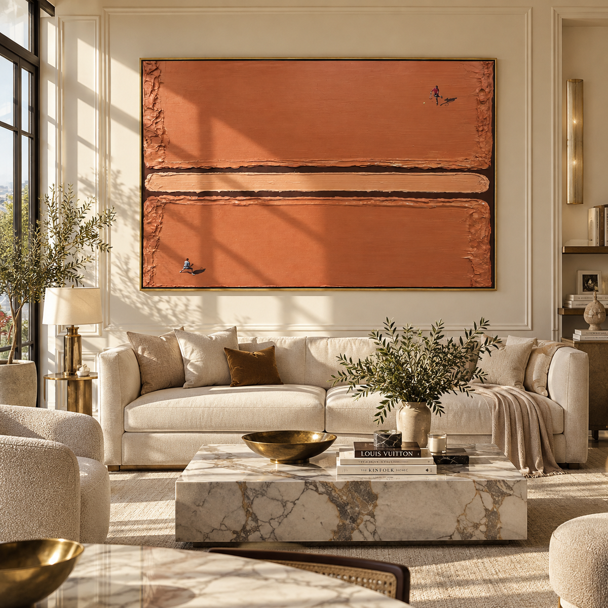 Amber Onyx Court Rhythm Motion - textured tennis painting shown in modern room setting 4
