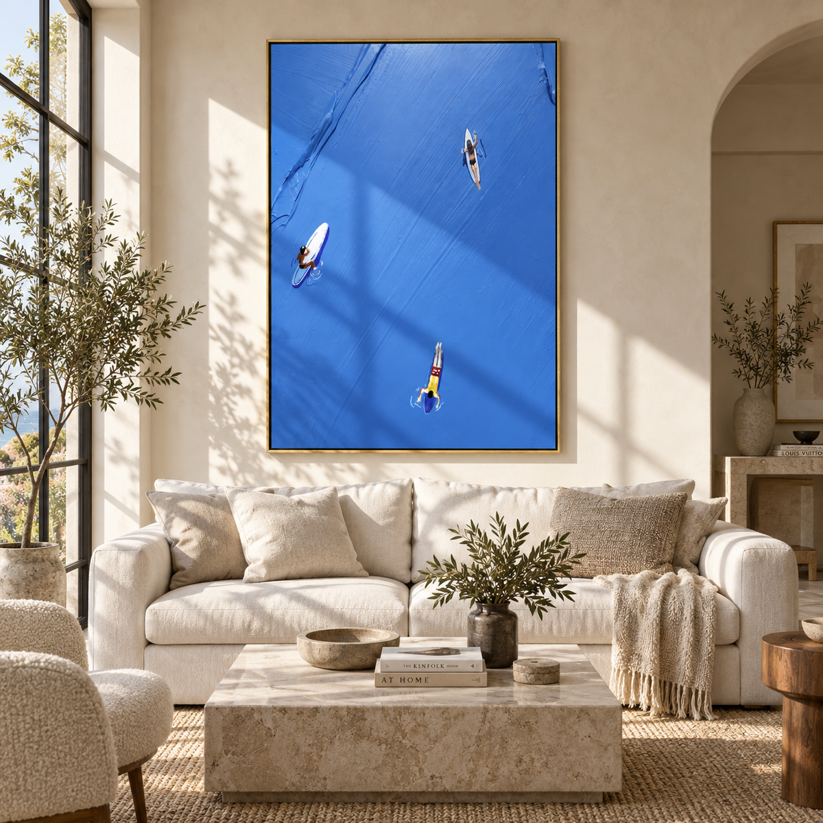 Azure Onyx Swimmers Relief Depth - textured swimmer painting displayed in a styled interior
