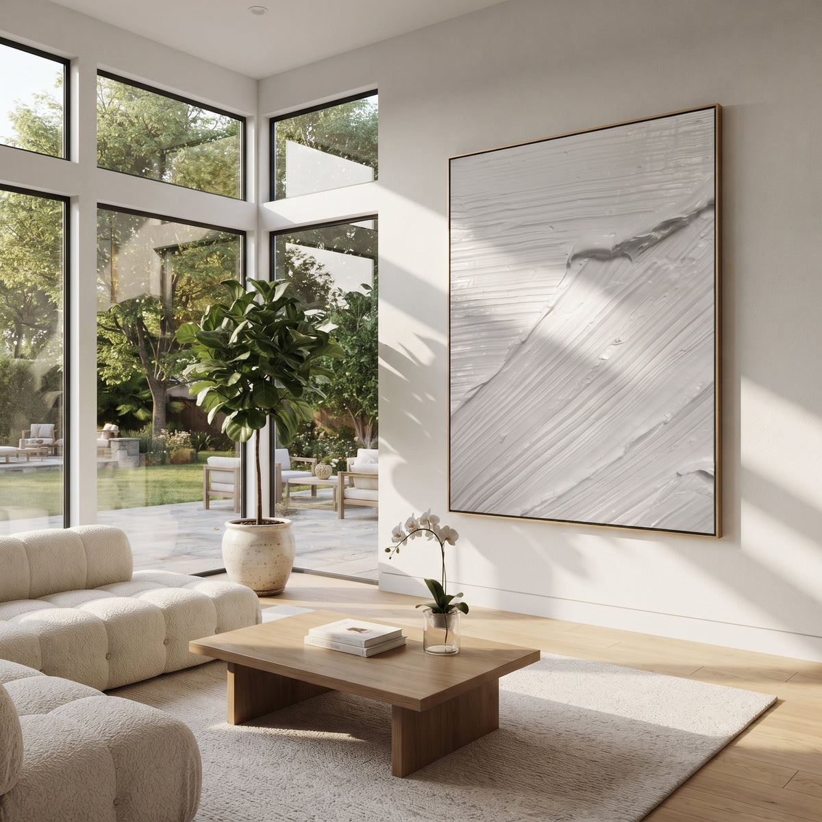 Slate Onyx Linen Strata Silence - textured abstract painting displayed in a styled interior